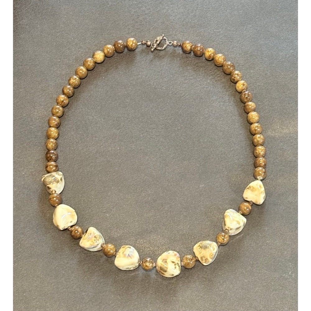 Vintage Brown & Ivory Polished Stone Necklace - 28 Inches Long